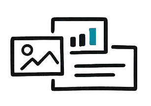 Icons representing different Dashbreeze dashboard blocks, including text, charts, media, and data visualization components.